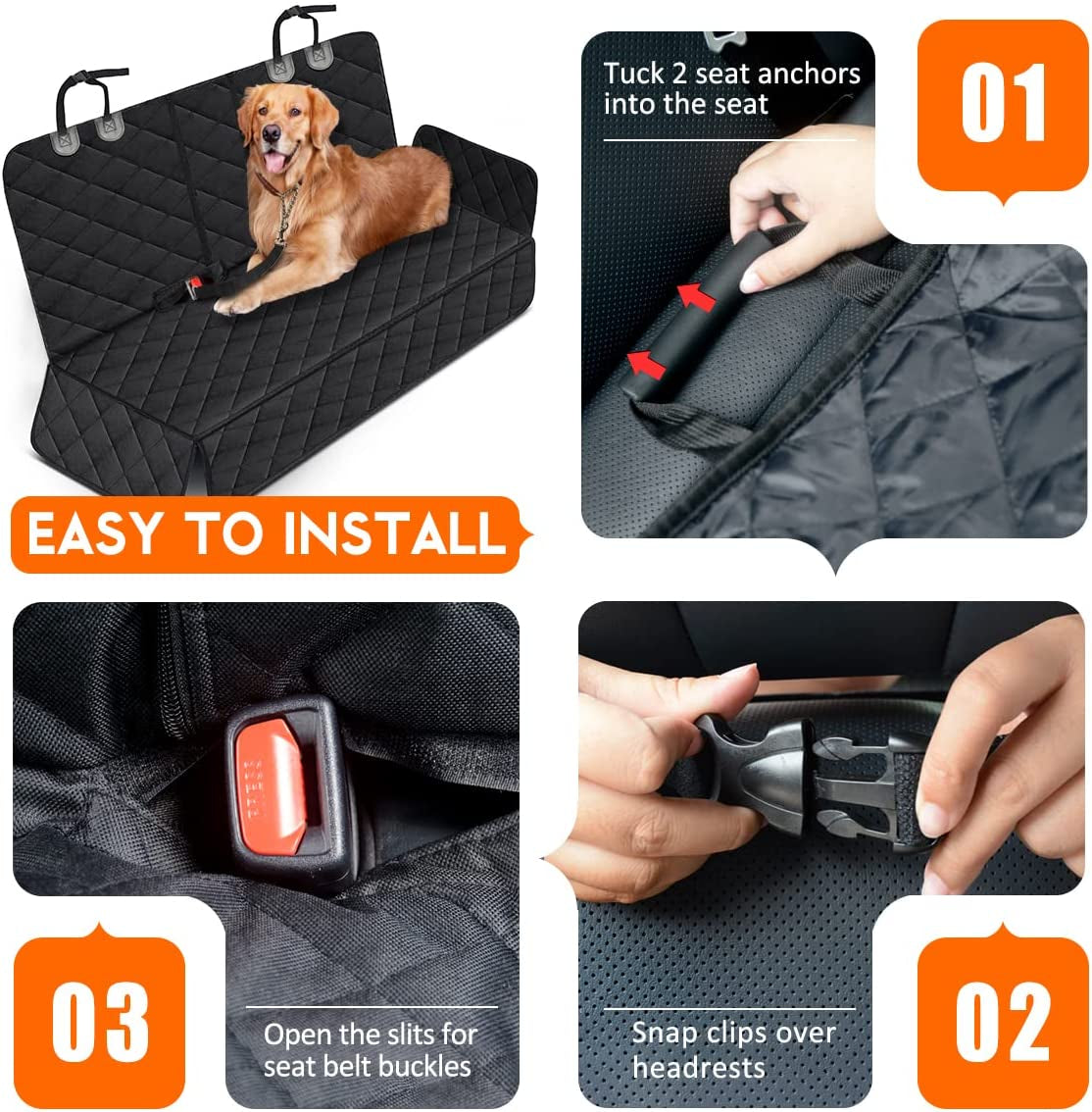 Dog Car Seat Cover - Waterproof Back Seat Protector for Pets, Non-Slip Design Fits Most Cars, Trucks, and SUVs - Black
